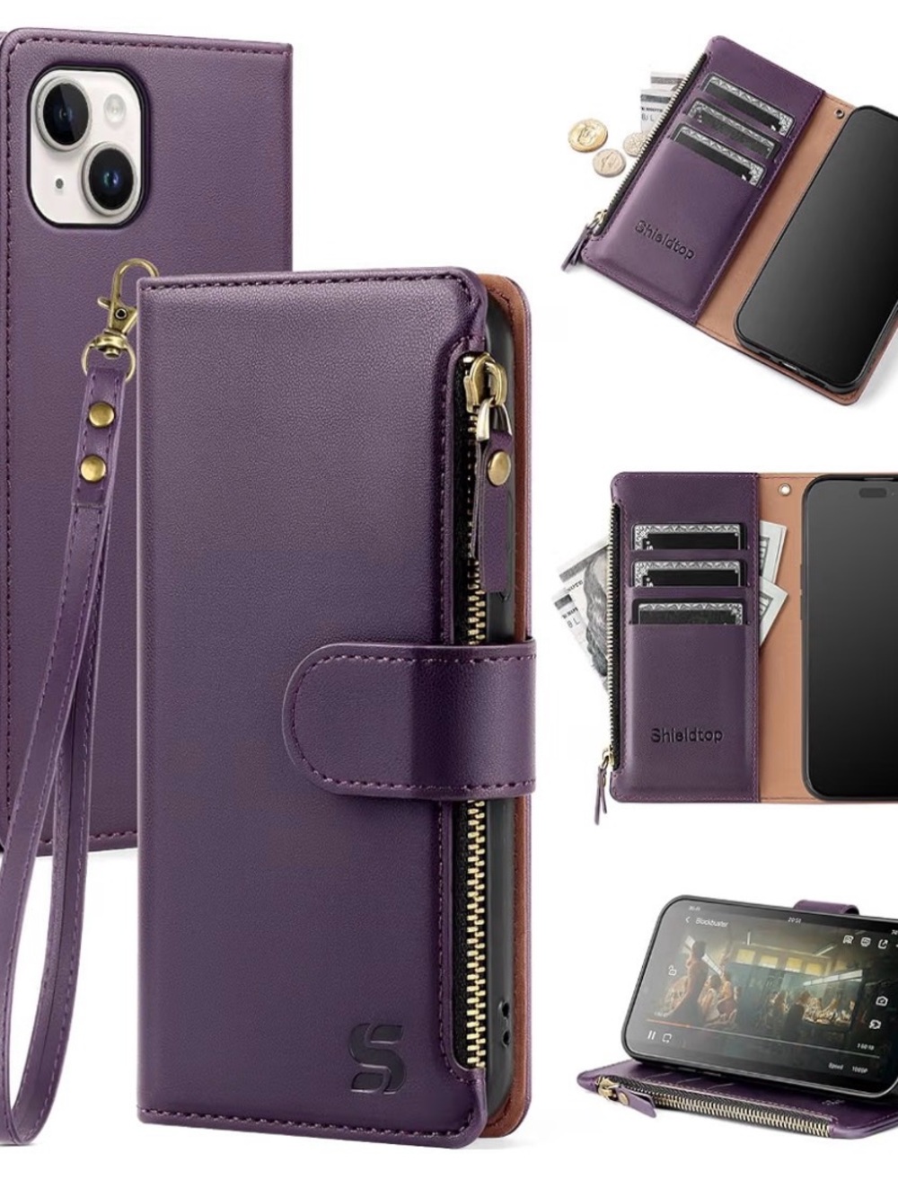 iPhone 15 Plus Purple Wristlet Wallet With Car Holder